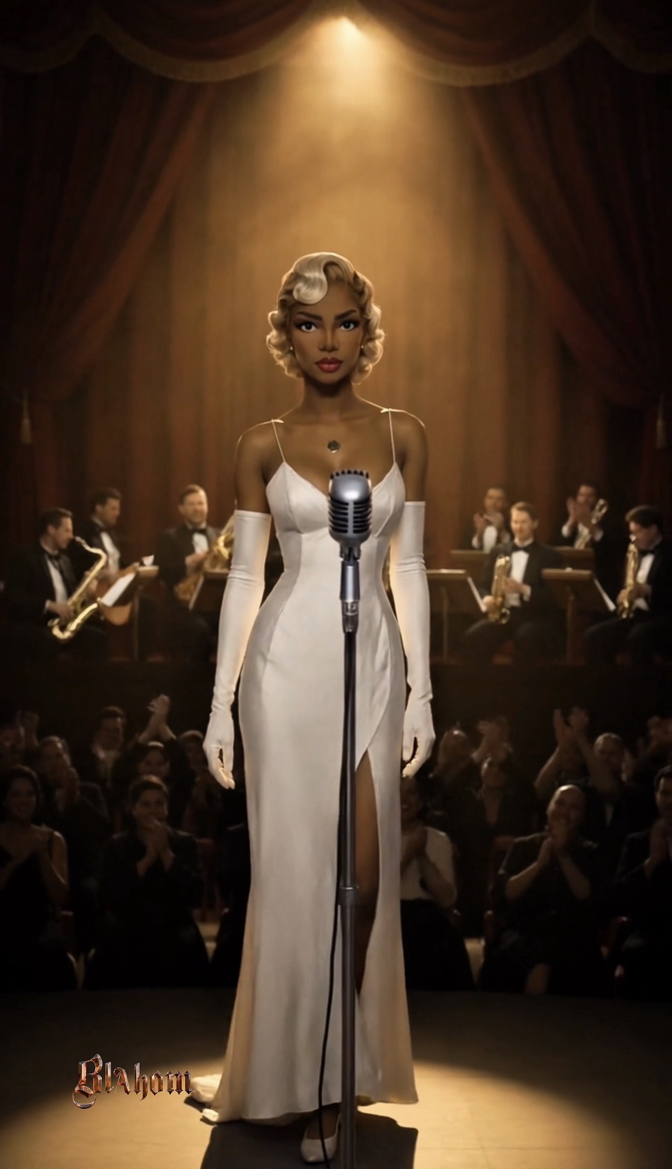 Black Hollywood Marilyn on stage under warm light