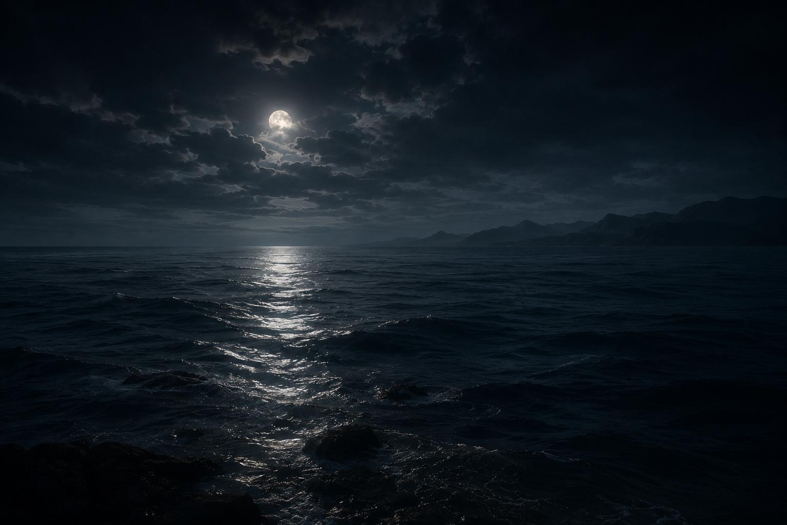 A calm dark ocean under moonlight