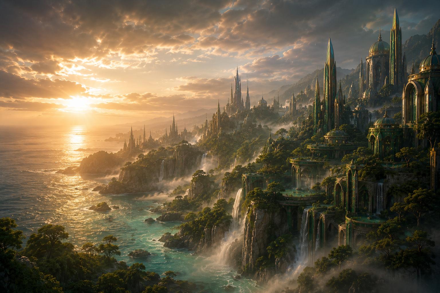 The Kingdom of Sirius revealed — verdant green spires and restrained gold over a coastal dawn