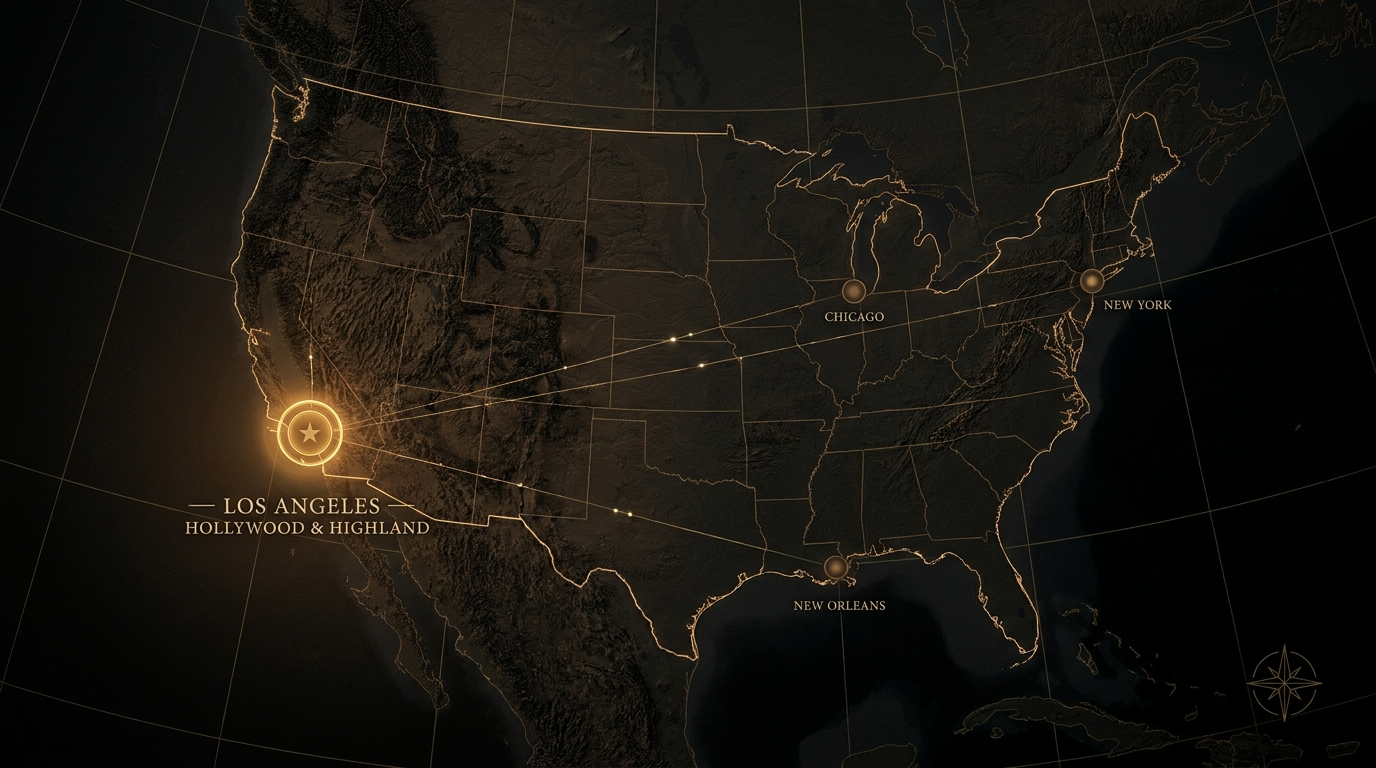 Charcoal and bronze map of the United States — Los Angeles burning bright