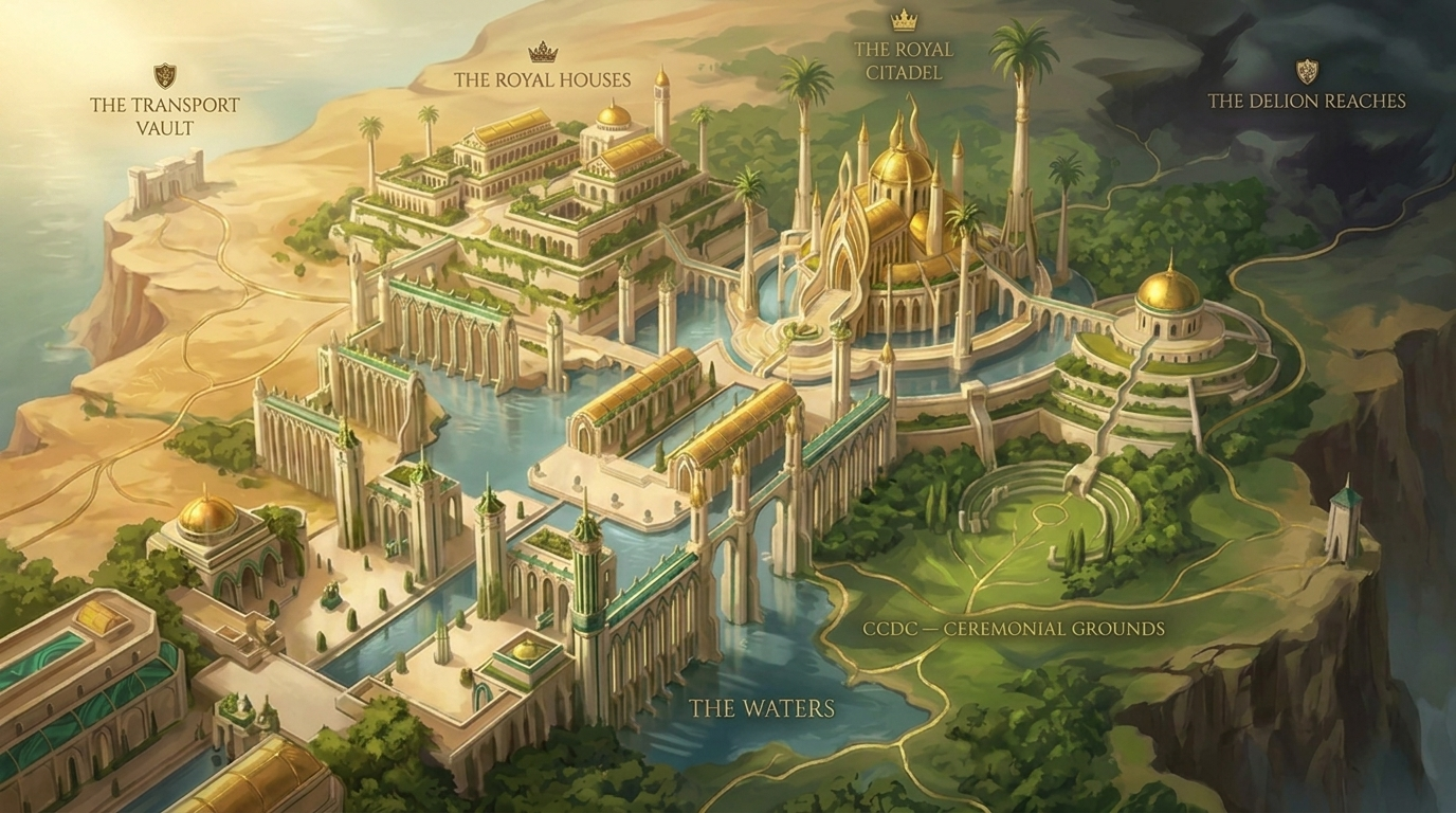 Painted map of the Zaeds Kingdom — citadel, waters, ceremonial grounds