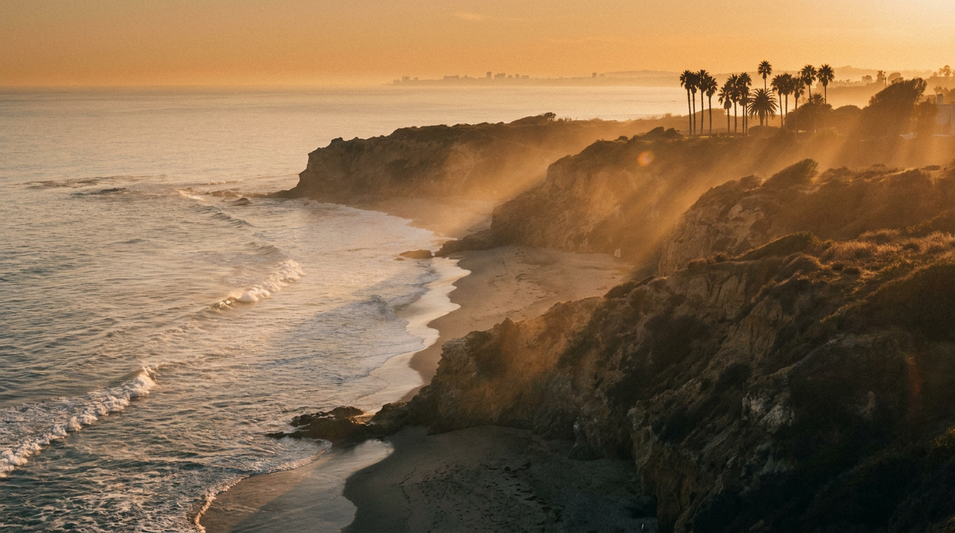 The California coast at golden hour — ocean haze, palms, a distant city