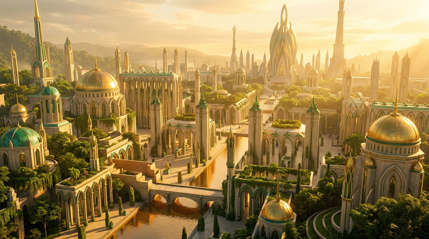 The Zaeds Kingdom at dawn — ceremonial skyline in mist, green and gold